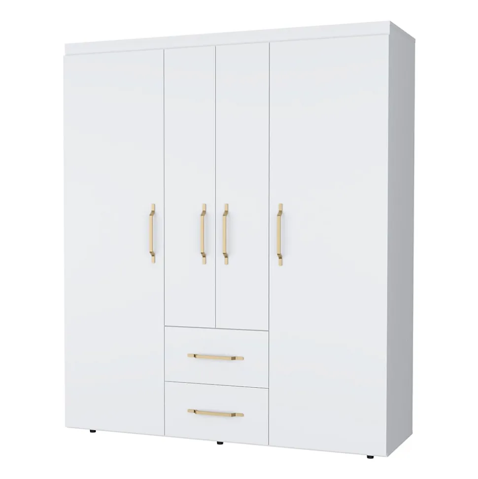 Armoire Bariloche en mélaminé avec 4 portes, 4 étagères, 3 tringles à vêtements et 2 tiroirs, blanc, 177.9 cm X 150.3 cm X 50.4 cm
