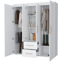 Armoire Bariloche en mélaminé avec 4 portes, 4 étagères, 3 tringles à vêtements et 2 tiroirs, blanc, 177.9 cm X 150.3 cm X 50.4 cm