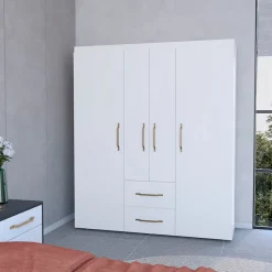 Armoire Bariloche en mélaminé avec 4 portes, 4 étagères, 3 tringles à vêtements et 2 tiroirs, blanc, 177.9 cm X 150.3 cm X 50.4 cm