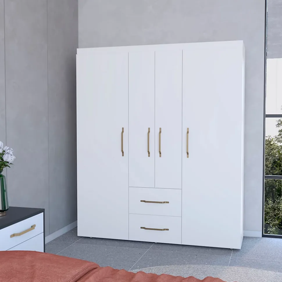 Armoire Bariloche en mélaminé avec 4 portes, 4 étagères, 3 tringles à vêtements et 2 tiroirs, blanc, 177.9 cm X 150.3 cm X 50.4 cm
