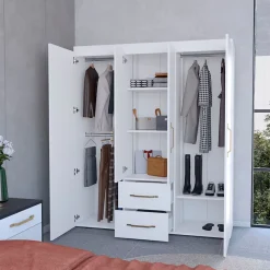 Armoire Bariloche en mélaminé avec 4 portes, 4 étagères, 3 tringles à vêtements et 2 tiroirs, blanc, 177.9 cm X 150.3 cm X 50.4 cm