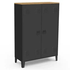 Armoire basse ESTER 2 portes métal noir et plateau bois design industriel