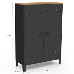 Armoire basse ESTER 2 portes métal noir et plateau bois design industriel