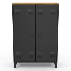 Armoire basse ESTER 2 portes métal noir et plateau bois design industriel