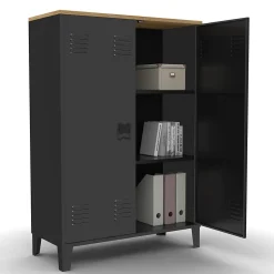 Armoire basse ESTER 2 portes métal noir et plateau bois design industriel