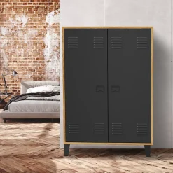 Armoire basse ESTER 2 portes métal noir et contour bois design industriel