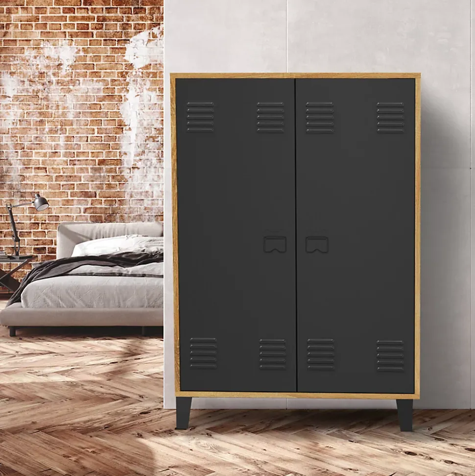 Armoire basse ESTER 2 portes métal noir et contour bois design industriel