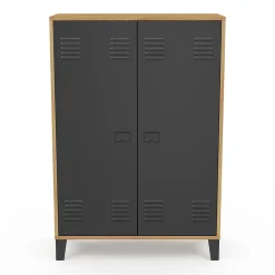 Armoire basse ESTER 2 portes métal noir et contour bois design industriel