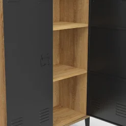 Armoire basse ESTER 2 portes métal noir et contour bois design industriel
