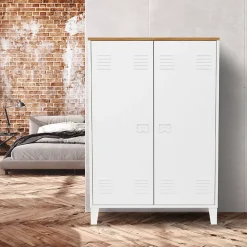 Armoire basse ESTER 2 portes métal blanc et plateau bois design industriel