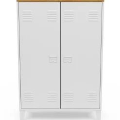 Armoire basse ESTER 2 portes métal blanc et plateau bois design industriel