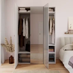 Armoire blanche avec miroir double penderie et 2 paniers GoodHome Atomia H. 225 x L. 150 x P. 58 cm