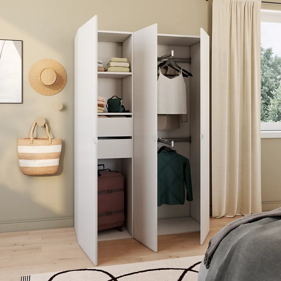 Armoire blanche double penderie 2 tiroirs GoodHome Atomia H. 187,5 x L. 125 x P. 45 cm