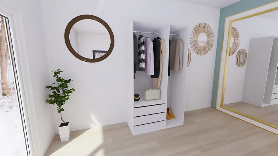 Armoire blanche double penderie et 3 tiroirs GoodHome Atomia H. 225 x L. 125 x P. 58 cm