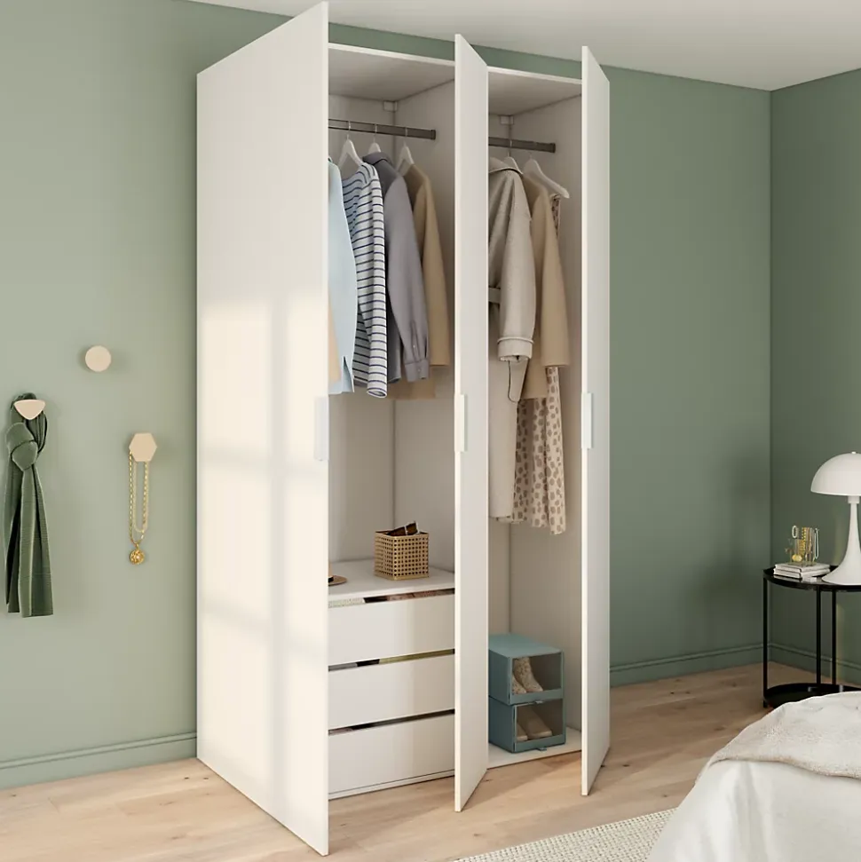Armoire blanche double penderie et 3 tiroirs GoodHome Atomia H. 225 x L. 125 x P. 58 cm