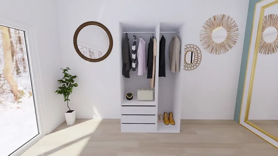 Armoire blanche double penderie et 3 tiroirs GoodHome Atomia H. 225 x L. 125 x P. 58 cm