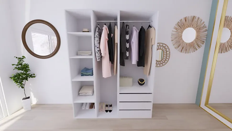 Armoire blanche double penderie et 3 tiroirs GoodHome Atomia H. 225 x L. 175 x P. 58 cm