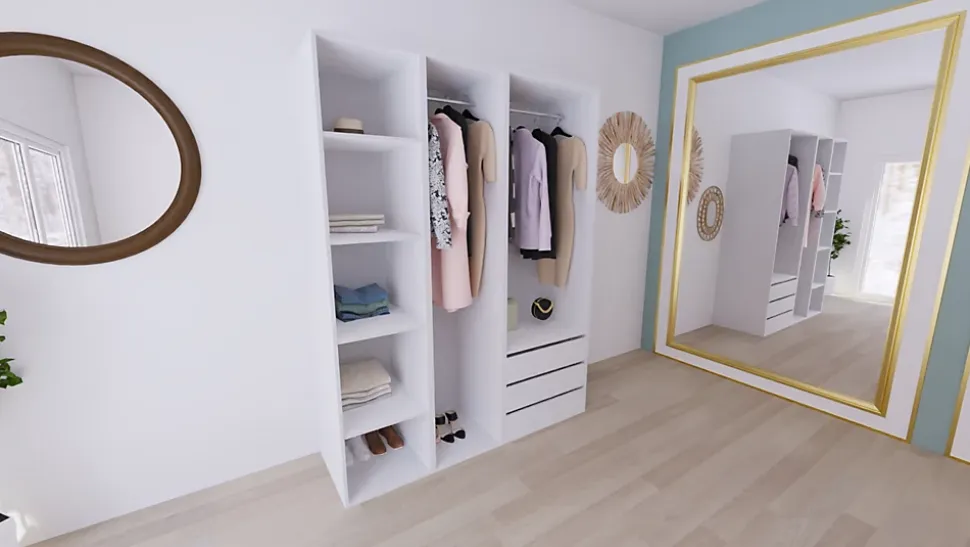 Armoire blanche double penderie et 3 tiroirs GoodHome Atomia H. 225 x L. 175 x P. 58 cm