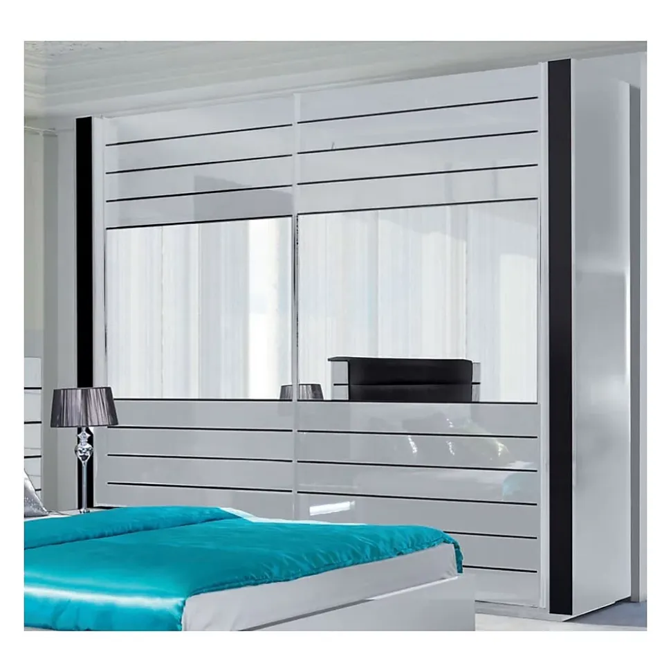 Armoire blanche et noire LINA 220 x 225 x 68 cm avec 2 grandes penderies et 2 grands miroirs