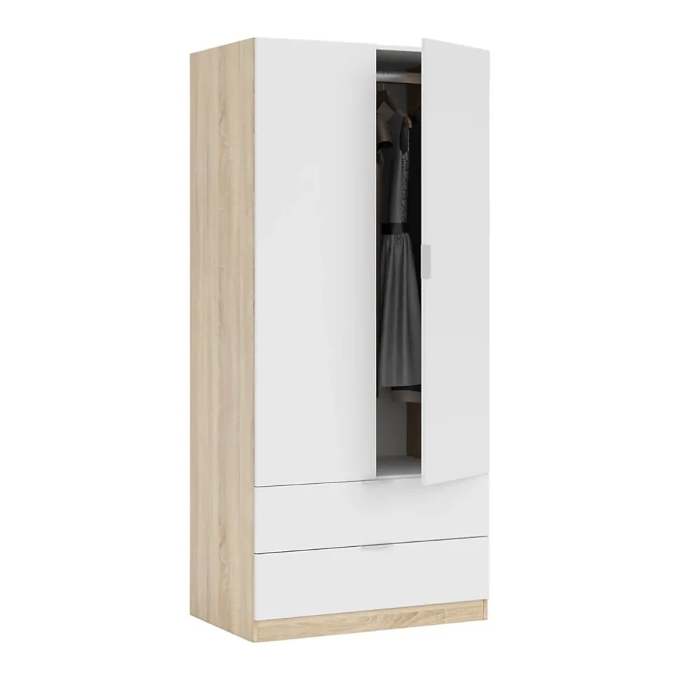 Armoire Burbank, Armoire de chambre avec 2 portes et 2 tiroirs, Armoire avec tringle à vêtements, 82x52h180 cm, Blanc et Chêne