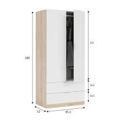 Armoire Burbank, Armoire de chambre avec 2 portes et 2 tiroirs, Armoire avec tringle à vêtements, 82x52h180 cm, Blanc et Chêne