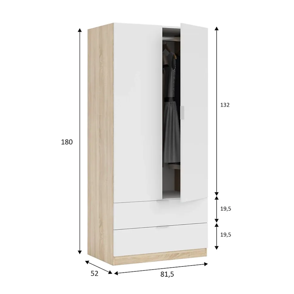 Armoire Burbank, Armoire de chambre avec 2 portes et 2 tiroirs, Armoire avec tringle à vêtements, 82x52h180 cm, Blanc et Chêne
