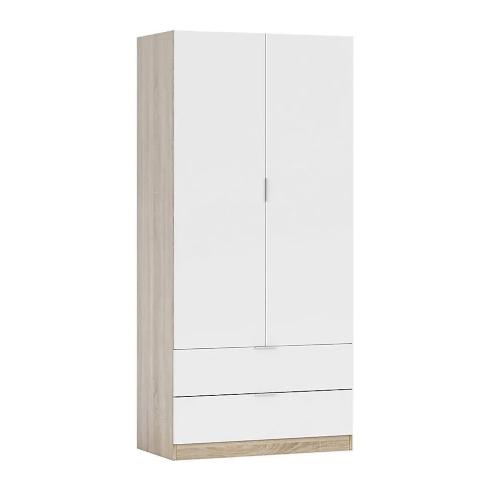 Armoire Burbank, Armoire de chambre avec 2 portes et 2 tiroirs, Armoire avec tringle à vêtements, 82x52h180 cm, Blanc et Chêne