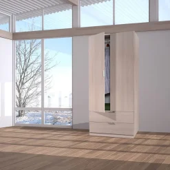 Armoire Burbank, armoire de chambre 2 portes 2 tiroirs, armoire de chambre avec barre de suspension, 81x52h180 cm, chêne