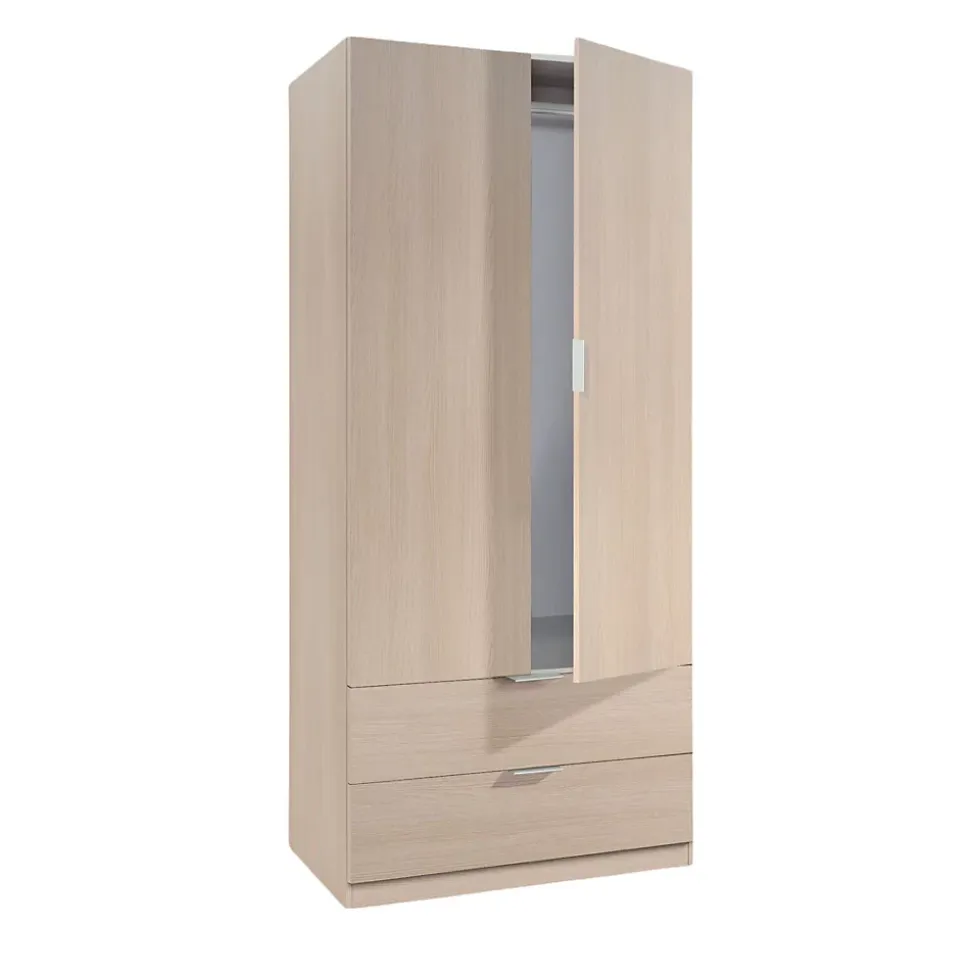 Armoire Burbank, armoire de chambre 2 portes 2 tiroirs, armoire de chambre avec barre de suspension, 81x52h180 cm, chêne