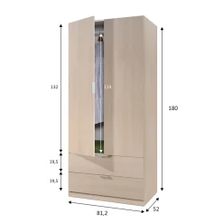 Armoire Burbank, armoire de chambre 2 portes 2 tiroirs, armoire de chambre avec barre de suspension, 81x52h180 cm, chêne