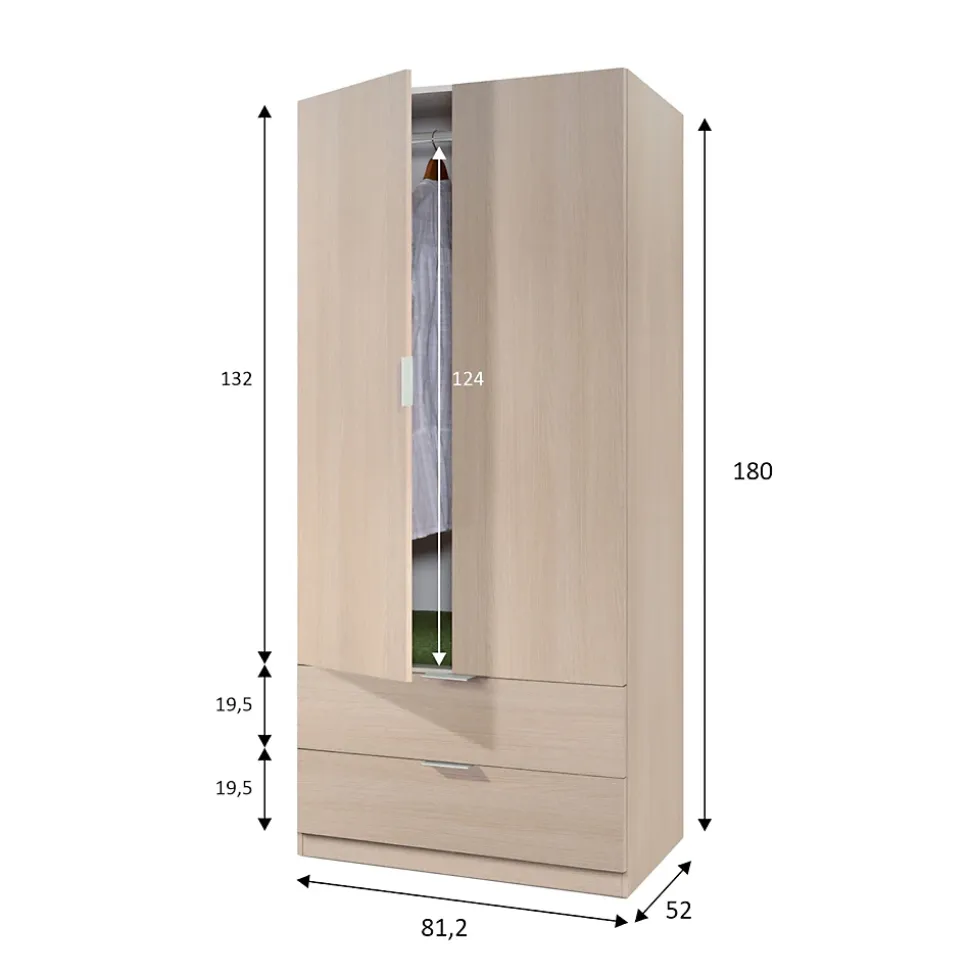 Armoire Burbank, armoire de chambre 2 portes 2 tiroirs, armoire de chambre avec barre de suspension, 81x52h180 cm, chêne
