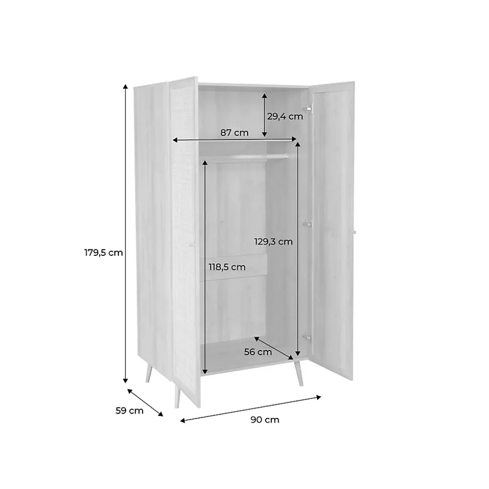 Armoire cannage et décor bois 2 portes avec étagère et tringle - Hauteur 179.5cm
