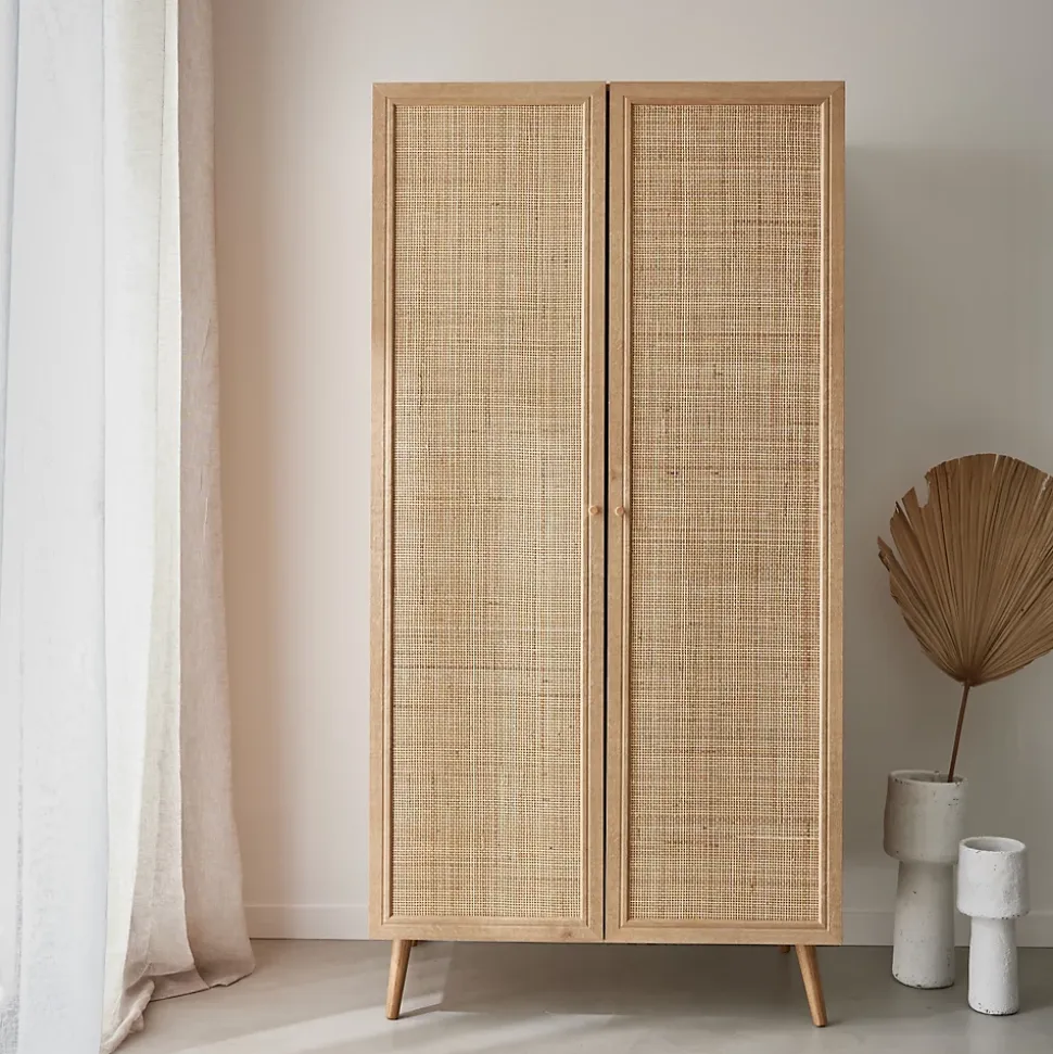 Armoire cannage et décor bois 2 portes avec étagère et tringle - Hauteur 179.5cm