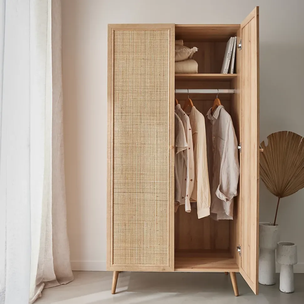 Armoire cannage et décor bois 2 portes avec étagère et tringle - Hauteur 179.5cm