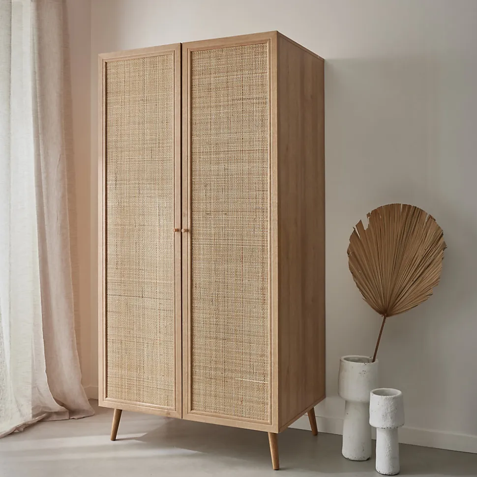 Armoire cannage et décor bois 2 portes avec étagère et tringle - Hauteur 179.5cm