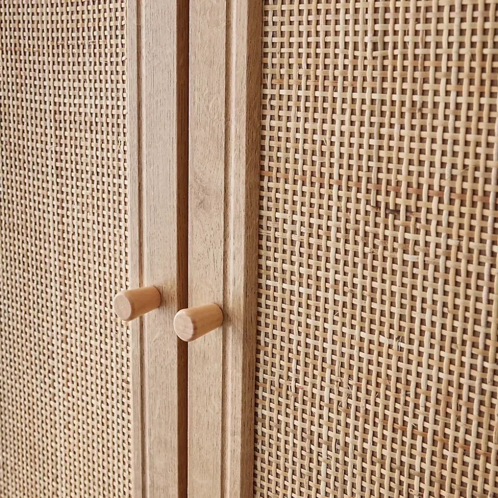 Armoire cannage et décor bois 2 portes avec étagère et tringle - Hauteur 179.5cm