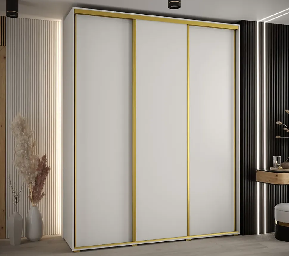 Armoire Cannes 1 à Portes Coulissantes 205,2/200/45 3 Portes (blanc,blanc.doré)