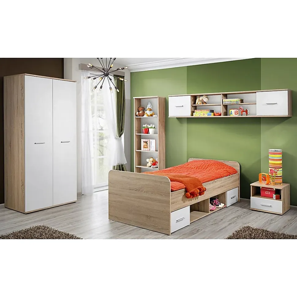 Armoire chambre denfant design coloris chene et blanc avec 2 portes battantes collection DENVER.
