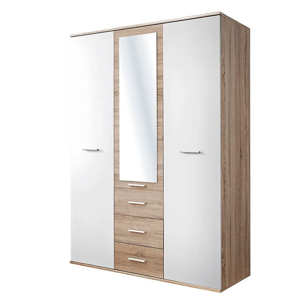 Armoire chambre denfant design coloris chene et blanc avec 3 portes battantes et 3 tiroirs collection DENVER.