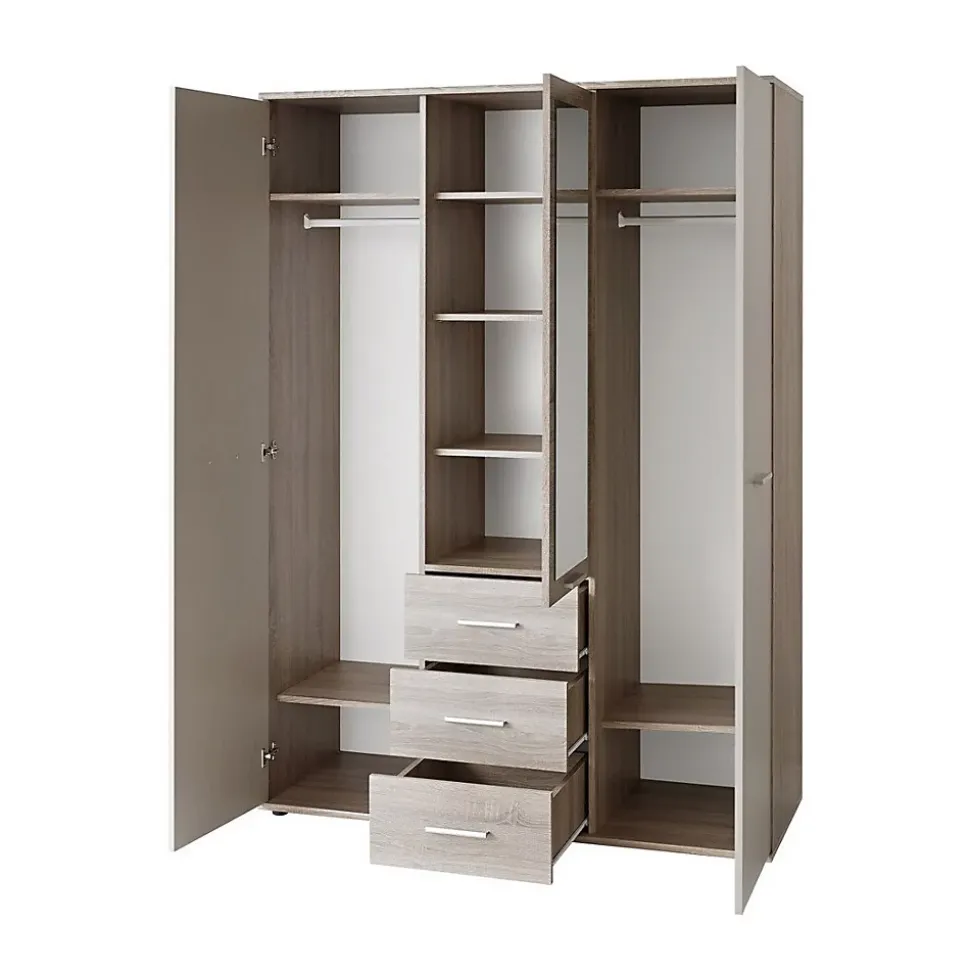 Armoire chambre denfant design coloris chene et blanc avec 3 portes battantes et 3 tiroirs collection DENVER.