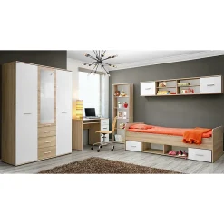 Armoire chambre denfant design coloris chene et blanc avec 3 portes battantes et 3 tiroirs collection DENVER.