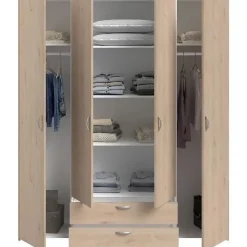 Armoire chambre VARIA - Panneaux de particules - Décor chene et blanc - 4 portes + 2 tiroirs - L 159,9 cm x P 51,3 cm x H 185 c