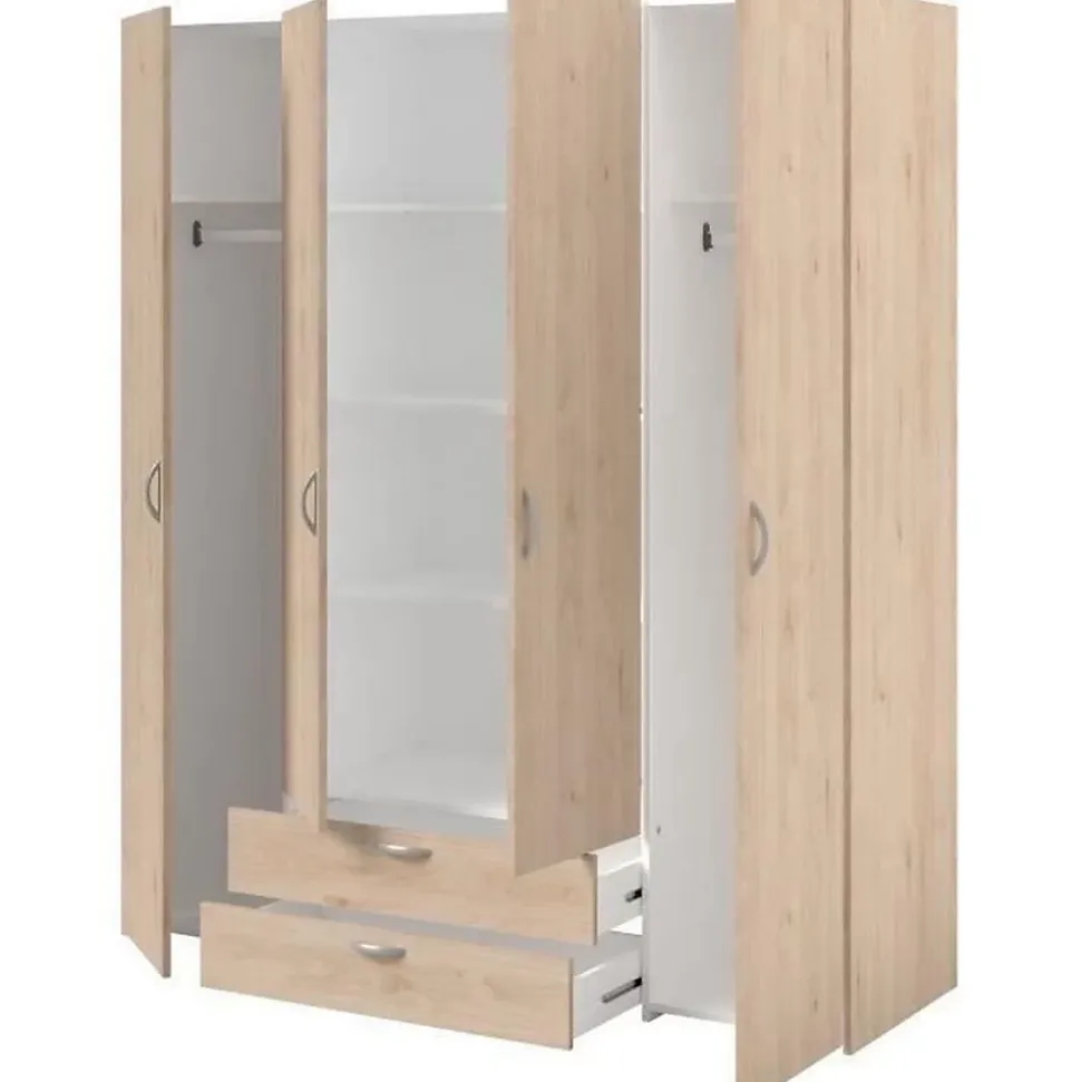 Armoire chambre VARIA - Panneaux de particules - Décor chene et blanc - 4 portes + 2 tiroirs - L 159,9 cm x P 51,3 cm x H 185 c