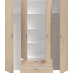 Armoire chambre VARIA - Panneaux de particules - Décor chene et blanc - 4 portes + 2 tiroirs - L 159,9 cm x P 51,3 cm x H 185 c