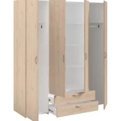 Armoire chambre VARIA - Panneaux de particules - Décor chene et blanc - 4 portes + 2 tiroirs - L 159,9 cm x P 51,3 cm x H 185 c