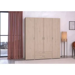 Armoire chambre VARIA - Panneaux de particules - Décor chene et blanc - 4 portes + 2 tiroirs - L 159,9 cm x P 51,3 cm x H 185 c