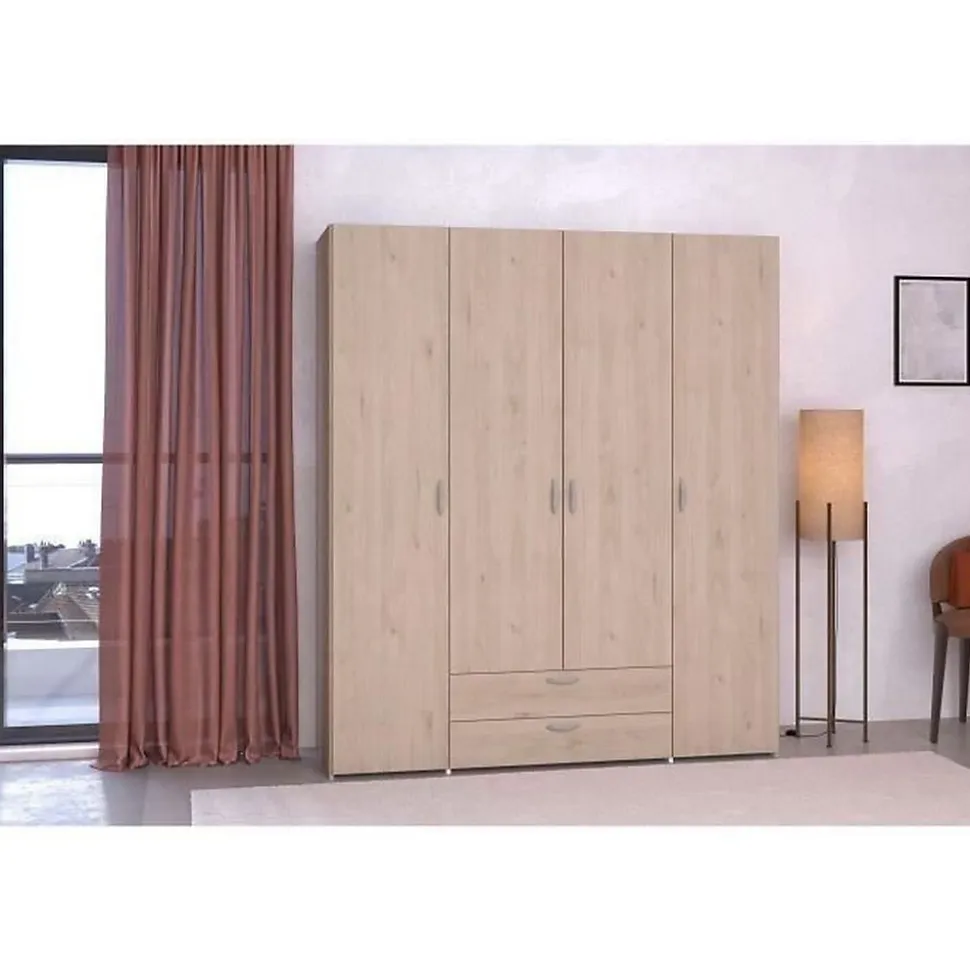 Armoire chambre VARIA - Panneaux de particules - Décor chene et blanc - 4 portes + 2 tiroirs - L 159,9 cm x P 51,3 cm x H 185 c