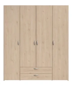 Armoire chambre VARIA - Panneaux de particules - Décor chene et blanc - 4 portes + 2 tiroirs - L 159,9 cm x P 51,3 cm x H 185 c