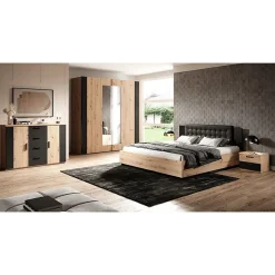 Armoire 200cm. 2 portes coulissantes avec miroirs couleur chene clair et noir. Collection FOX