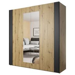 Armoire 200cm. 2 portes coulissantes avec miroirs couleur chene clair et noir. Collection FOX